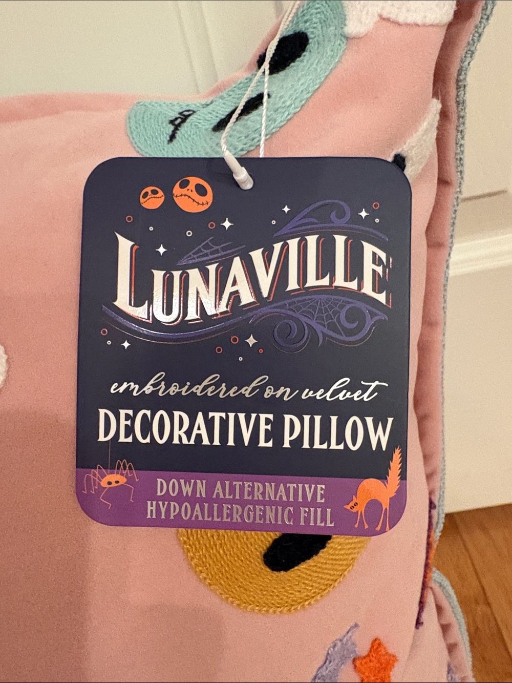 Lunaville Pink Halloween Embroidered on Velvet Smiley Face Pillow - Picture 2 of 5